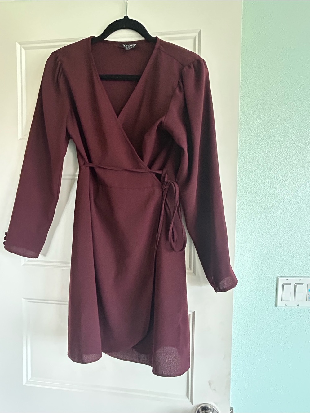 TOPSHOP Burgundy Wine Long Sleeve Wrap Mini Dress US 6